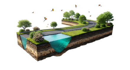 Beautiful land section with road water butterflies and parrots floating in black background landscape design