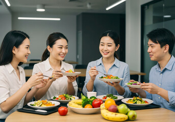 Business Asian Chinese Colleagues Enjoying Vegetarian Lunch at Office Cafeteria. World Vegetarian Day