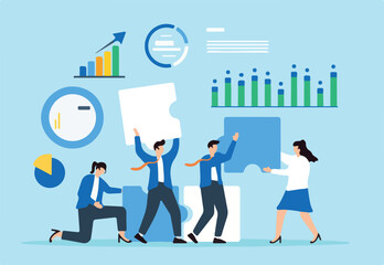 Assembling market strategies, comprehensive data analysis, collaborative problem-solving, insightful decision-making concept vector illustration. Business analysts building puzzle with charts