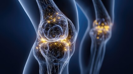3D medical illustration of two knees, highlighting inflamed joint structures