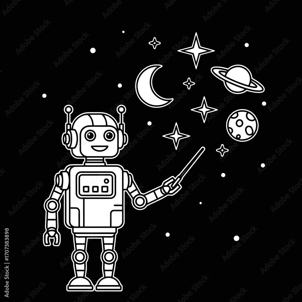 Poster whimsical robot illustrates celestial objects with magic wand vector graphic for space exploration t