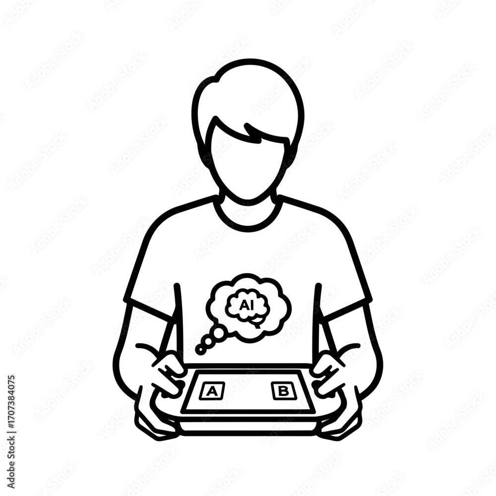 Poster abstract person holding device with ai thought bubble vector illustration scalable icon vector