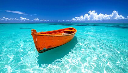 Naklejka premium Sunny turquoise water with orange boat