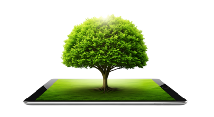 Green Tree Growing from Tablet Screen Symbolizing Nature Technology Integration and Environmental Consciousness