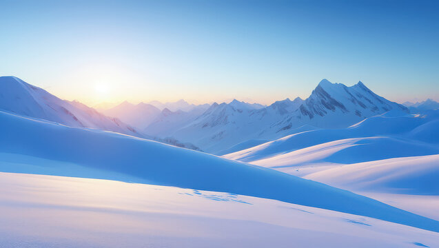 A snowy mountain range under a bright blue sky at sunrise with soft pastel colors in the landscape