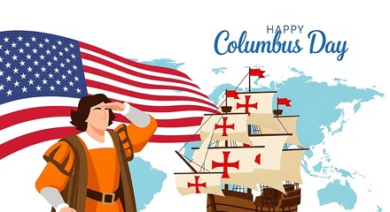 Happy columbus day illustration with christopher columbus, a ship, and the american flag