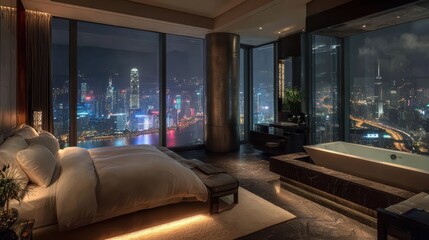 Luxury hotel room with city view at night