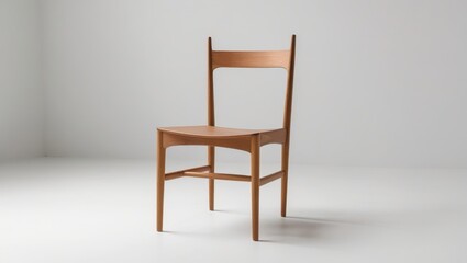 A modern wooden chair, featuring clean lines and a light, warm tone, stands out against a bright white backdrop.