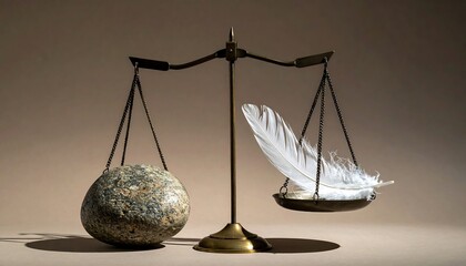 Dramatic imbalance displayed as a heavy stone outweighs delicate feathers on a classic brass balance scale