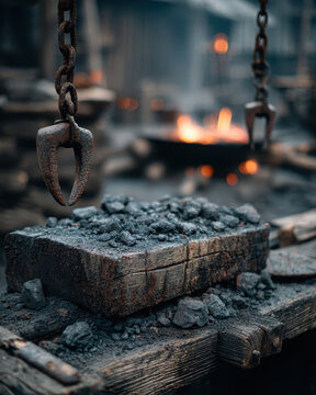 Hyper-realistic animation branding irons and heavy meat hook by glowing forge on ranch workbench