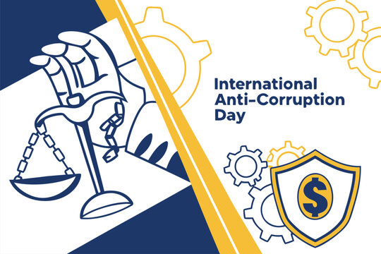 International Anti-Corruption Day Vector Illustration with Hand Breaking Money Chains, Scales of Justice, and Integrity Shield in Modern Minimalist Style