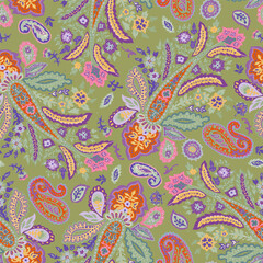 Naklejka premium Ornamental Green Paisley Seamless Pattern