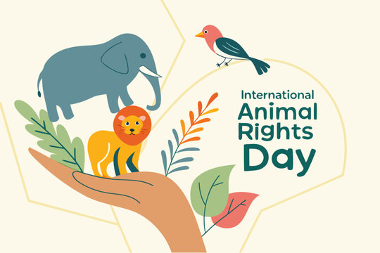 International Animal Rights Day. Diverse wild and domestic animals protected by human hands in harmony with nature. Flat vector illustration.
