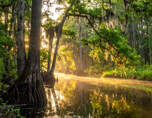 Sunrise over a tranquil swamp