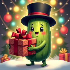Cute Christmas pickle character in top hat holding gift box with ribbon, festive holiday illustration with glowing lights and Christmas tree background, copy space