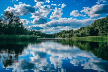 Serene lake reflecting a vast, cloud-filled sky. Lush greenery surrounds the water