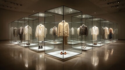 Clothing Exhibition Showcasing Garments in Illuminated Glass Enclosures