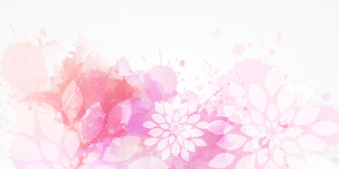 Pink delicate watercolor background with floral elements. Template for horizontal banner