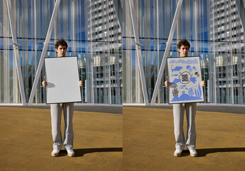 Mockup Of Man Holding Vertical Customizable Framed Poster