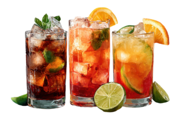 Cuba Libre, Dark and Stormy cocktail PNG set bundle, white isolated background. Mixology, bar menu cocktails, colorful vibrant refreshing drink with garnish