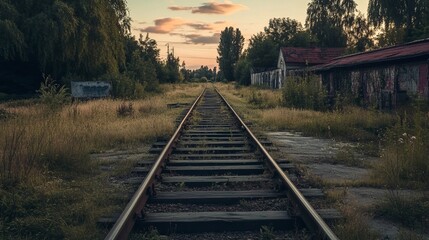 Fototapeta premium Empty train tracks stretching into a sunset, past overgrown fields and abandoned buildings