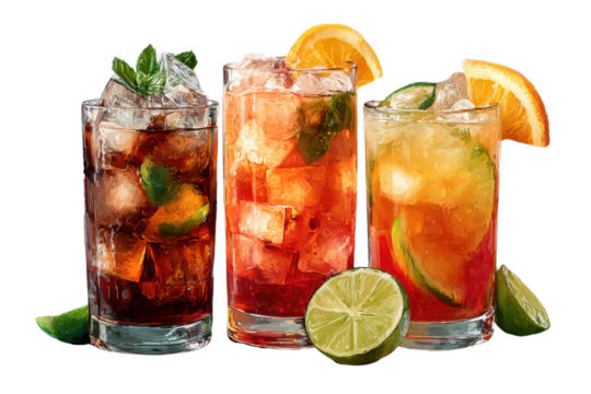 Cuba Libre, Dark and Stormy cocktail PNG set bundle, white isolated background. Mixology, bar menu cocktails, colorful vibrant refreshing drink with garnish