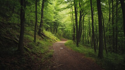 Fototapeta premium A pathway winds through a lush, verdant forest. Sunlight filters through the canopy, illuminating a trail through dense trees