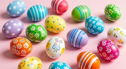 Obraz premium Vibrant easter eggs scattered on a light rose background, springtime joy