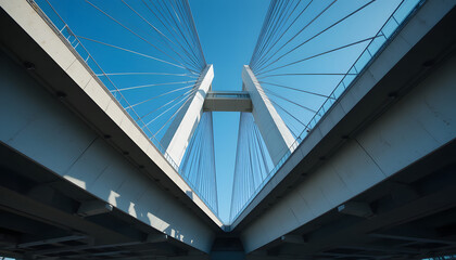 Dramatic low angle view of a modern cable-stayed bridge reaching toward the clear blue sky on a sunny day.