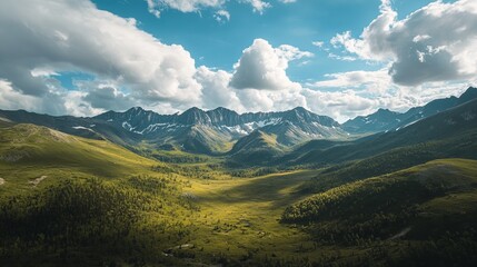 Obraz premium Panoramic mountain valley, vibrant greens and whites, dramatic cloudscape