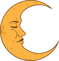 Crescent moon with human profile face