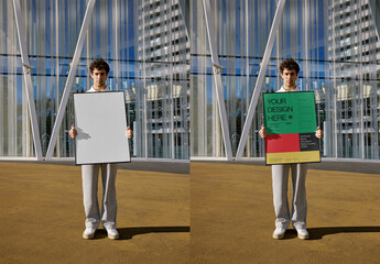 Mockup Of Man Holding Vertical Customized Framed Poster