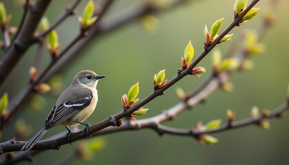 Obraz premium Small bird on a branch with new spring leaves tree