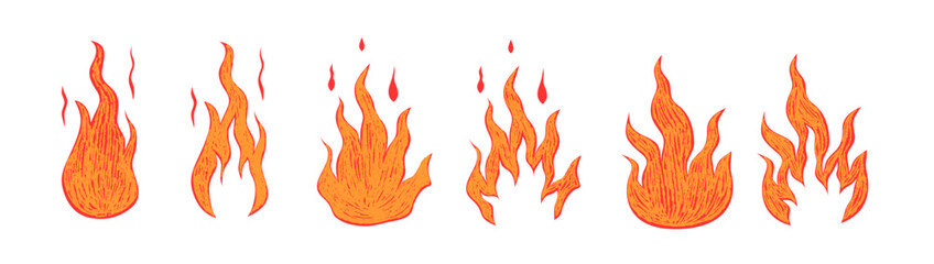 Orange set fire with crayon texture. Scribble flame with texture. Vector illustration