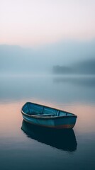 Naklejka premium A serene blue rowboat floats peacefully on a still lake, shrouded in a tranquil morning mist