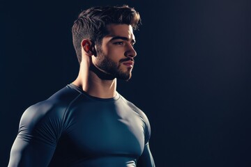 Man in athletic clothing poses against a dark background during a fitness photoshoot
