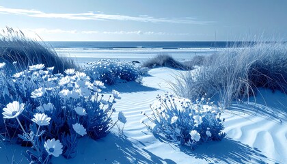 Tranquil beach scene, cool tones