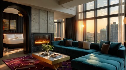 Luxurious hotel suite with city view at sunset