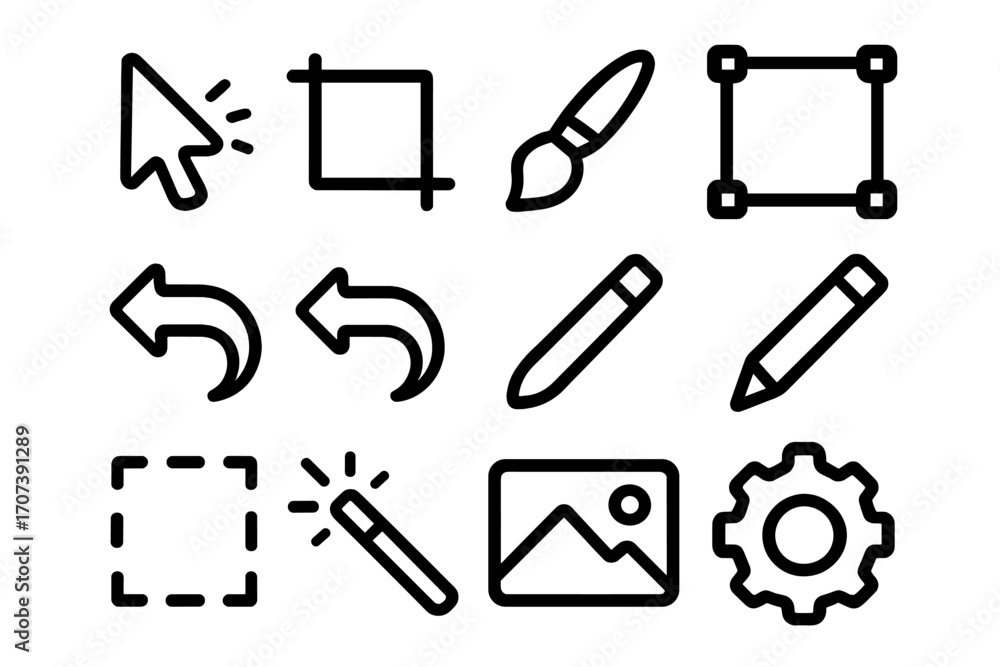 Poster editing tools icon set. simple line art for graphic design ui. vector collection of cursor, crop, br