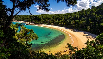 Tranquil beach cove, lush green trees