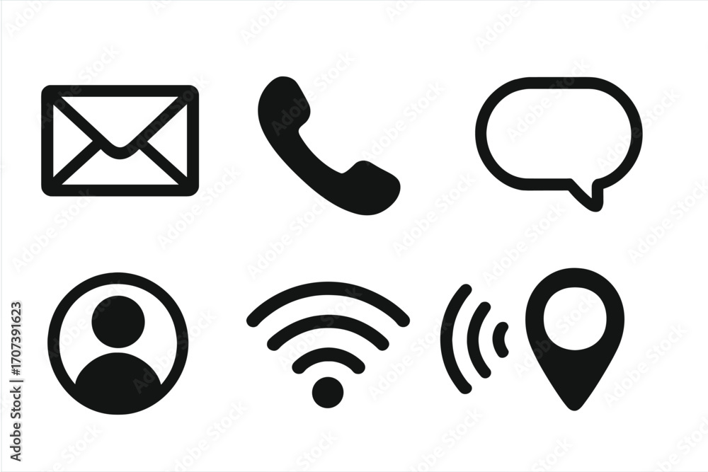 Poster communication icons set for web and mobile app interface design. minimalist black vector glyphs coll