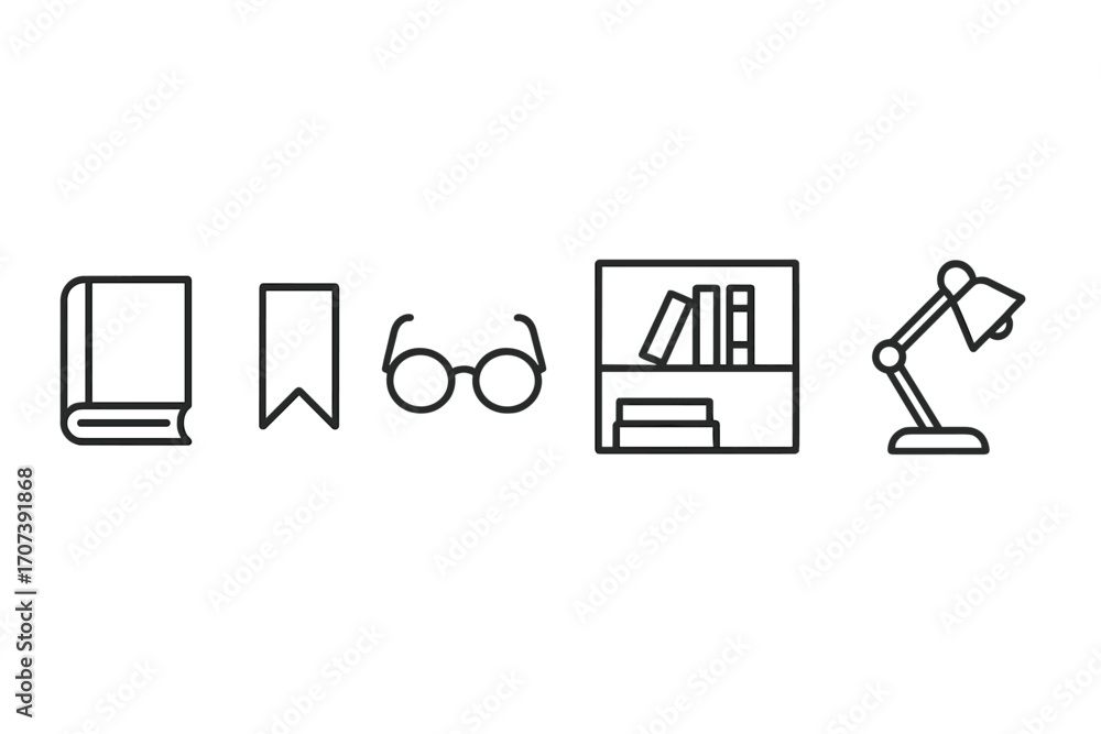 Poster minimal linear icons set with book, bookmark, glasses, bookshelf, desk lamp. vector symbols for read