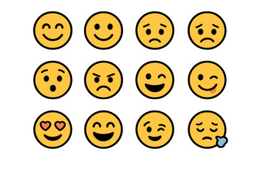 Emoji collection vector cartoon illustration. Minimalist expressive face icons for digital communication. Emoticon set with different emotions. Happy, sad, angry, love faces.