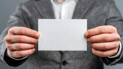 A professional man holding a blank card, ready for business presentation or branding purposes.