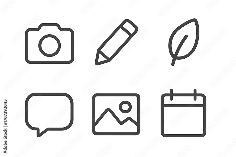 Poster minimalist line icon set. essential web and mobile interface symbols. camera, pencil, leaf, chat bub