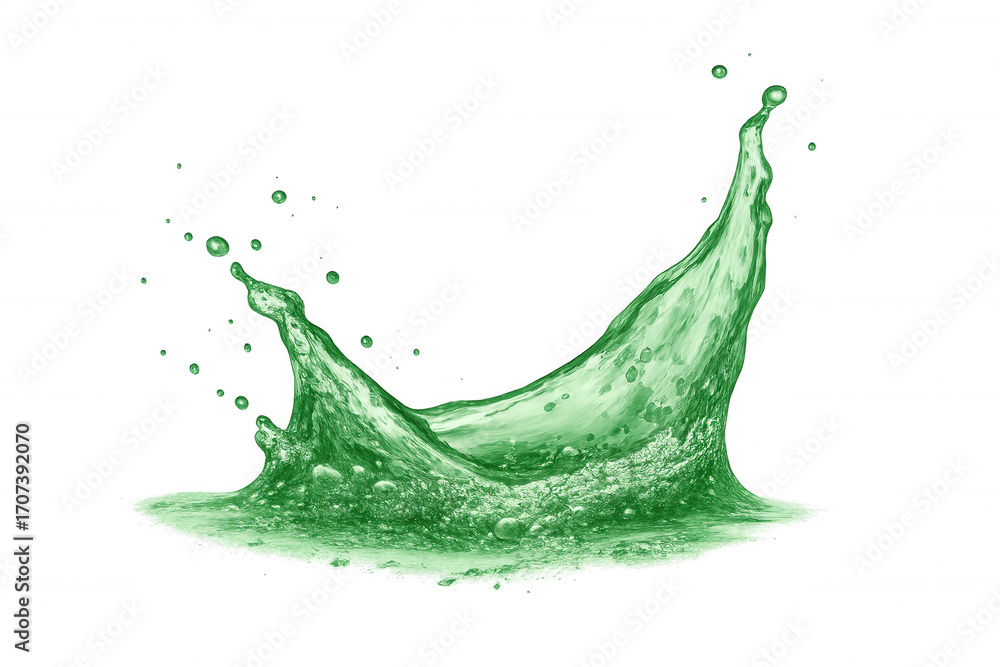 Aufkleber green liquid splashing dynamically, creating vibrant transparent visual effect against clean backgro