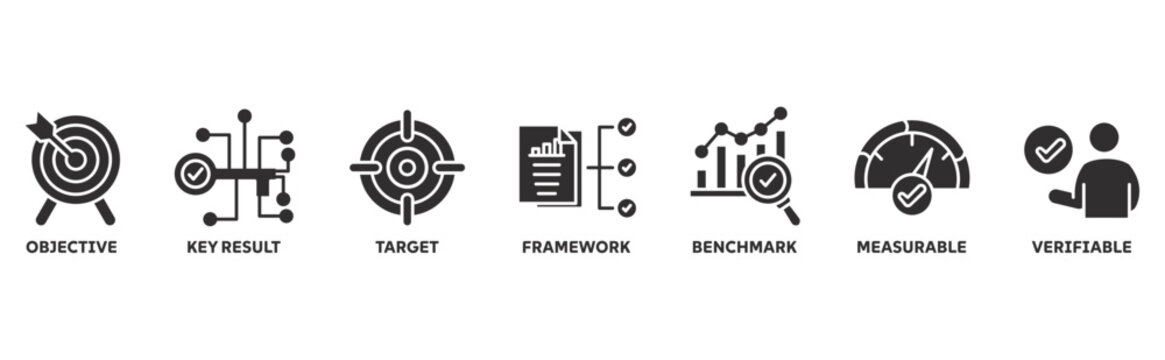 OKR icon set illustration illustration concept with icon of objective, key result, target, framework, benchmark, measurable, verifiable 