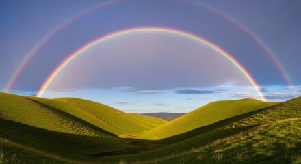Naklejka premium Stunning double rainbow arches over vibrant green rolling hills creating a magical landscape scene