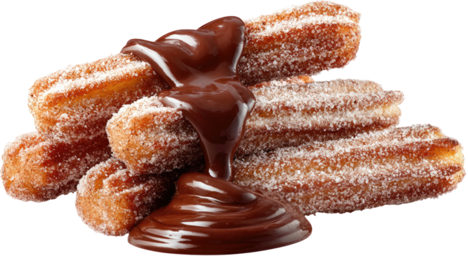 Sweet, sugared churros drenched in chocolate