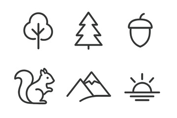 Minimalist nature icons set. Line art collection with tree, pine, acorn, squirrel, mountain, and sunset. Vector outline symbols for outdoor, hiking, and forest concepts.